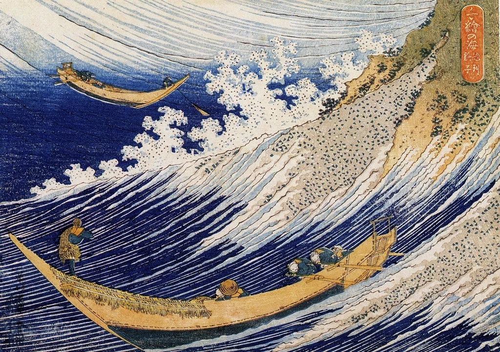 Grabado japonés en madera de olas y barcas, de Katsushika Hokusai
