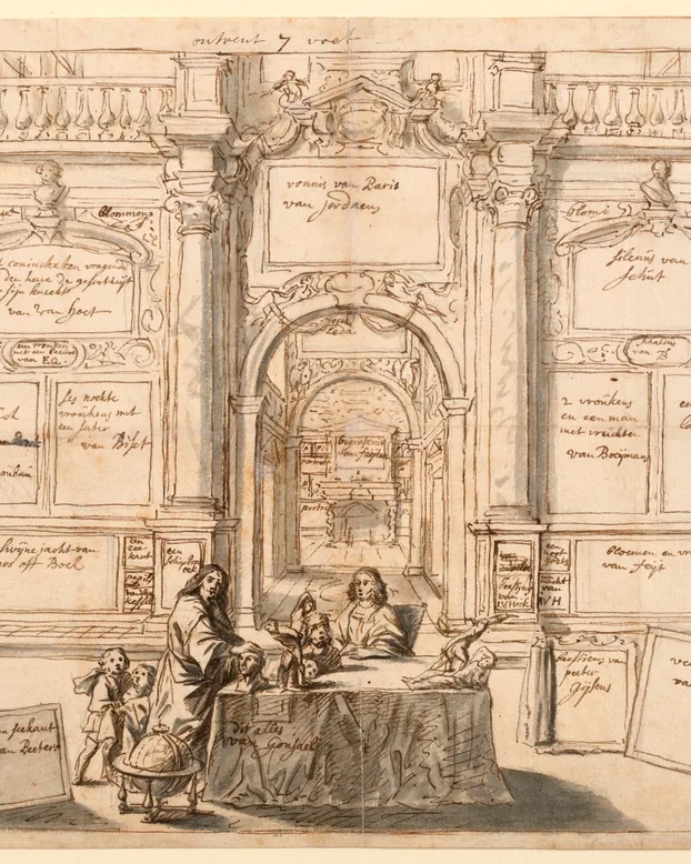 Grabado antiguo de un muro de galería cubierto de cuadros enmarcados